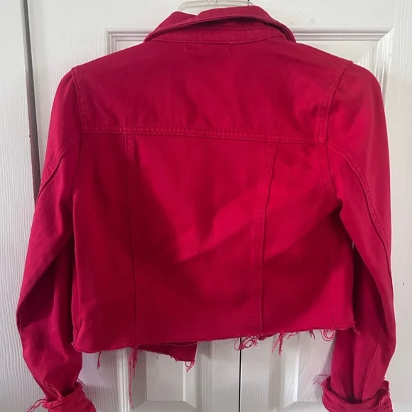 refuge Bright Red Cropped Denim Jacket - Picture 2 of 2